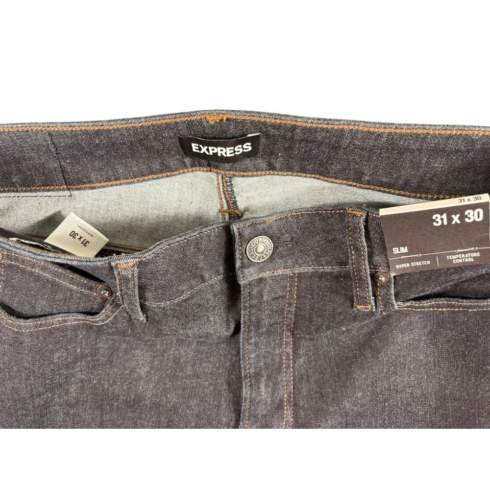Express Jeans Mens 31x30 Black Denim Dark Wash Hyper Stretch Slim Straight Leg